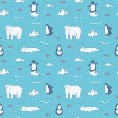 Cute penguins and polar bears childish seamless pattern on blue background. Cartoon hand drawn illustration in Scandinavian style
