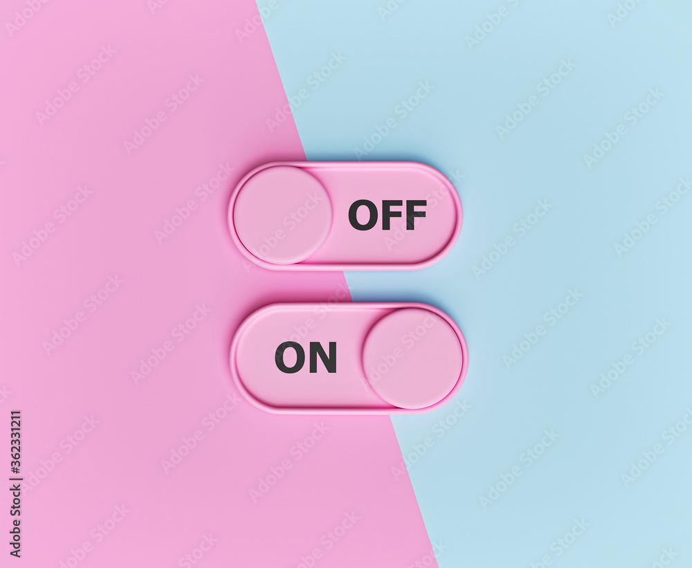 Poster on and off toggle switch buttons on pastel abstract background. minimal design. 3d rendering