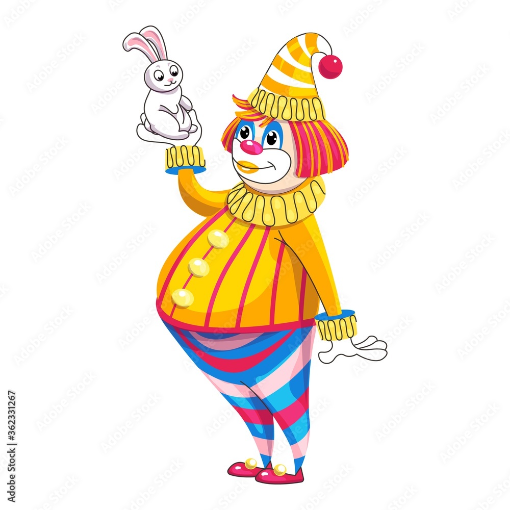 Poster clown with rabbit icon. cartoon of clown with rabbit vector icon for web design isolated on white ba