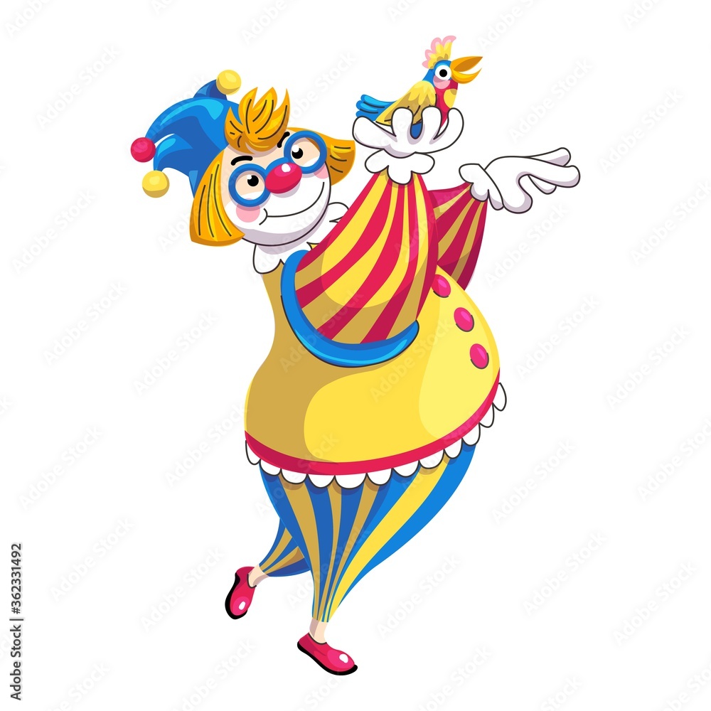 Poster clown with colorful parrot icon. cartoon of clown with colorful parrot vector icon for web design is
