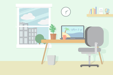 Concept flat design. Modern interior of office of travel agency. Workplace.
