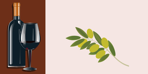 Branch with green olives, a glass with red wine, a bottle - illustration, vector. Banner.