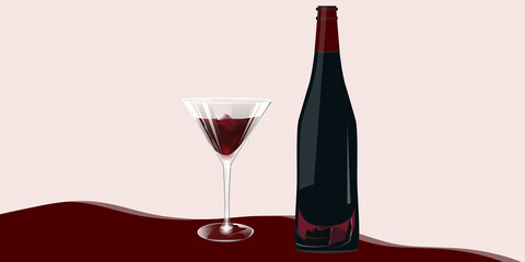 Bottle of red wine with decor, a transparent glass with a drink - illustration, vector. Banner.