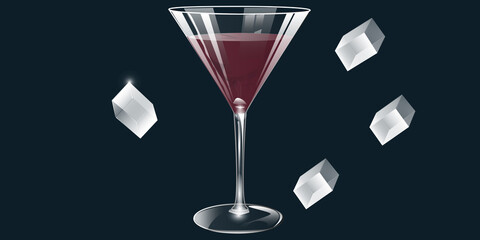 Crystal glass with rose wine, pieces of ice - illustration, vector. Banner.