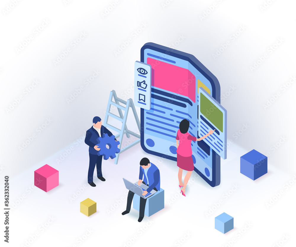 Poster ui / ux design concept with character and text place. modern flexible phone in isometric style. team