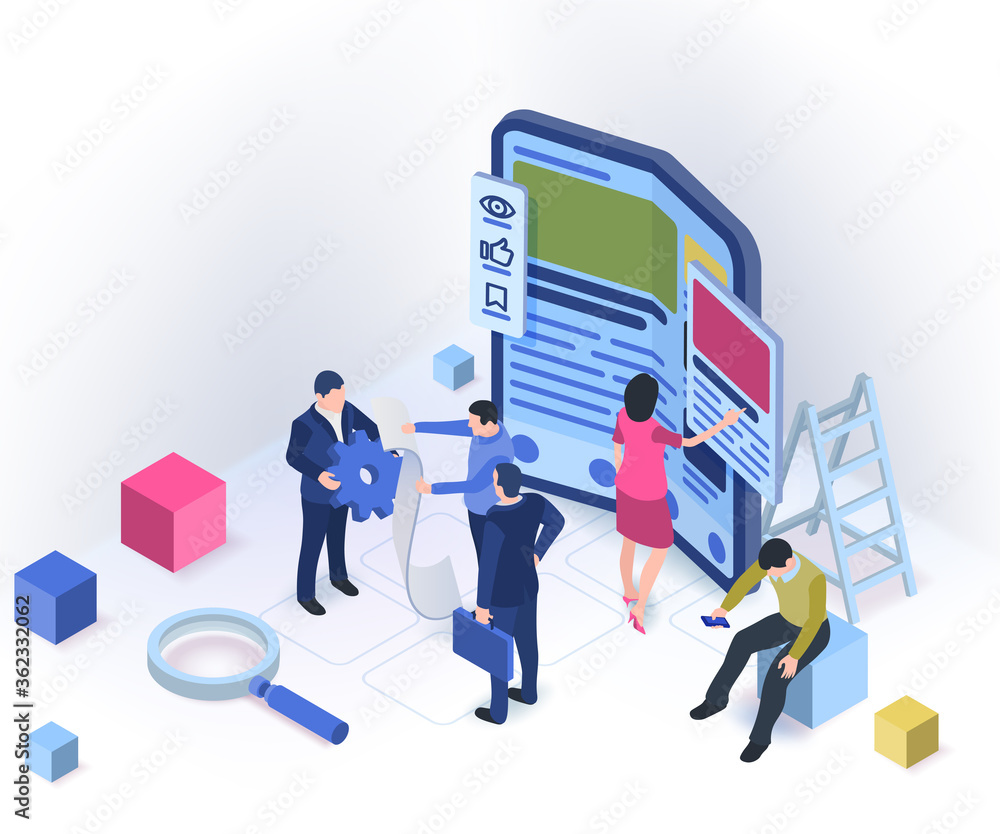 Fototapete modern flexible phone in isometric style. ui / ux design concept with character and text place. peop