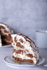 Pancho Cake. Homemade biscuit cake with sour cream and pineapple. Decorated with ganache. Place for text.