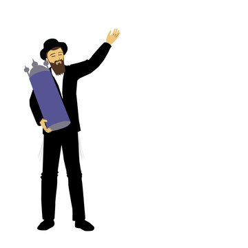 Sephardic yeshiva student holding a Sephardic Torah scroll. dancing.
Vector drawing of Simchat Torah and introduction of Sefer Torah.