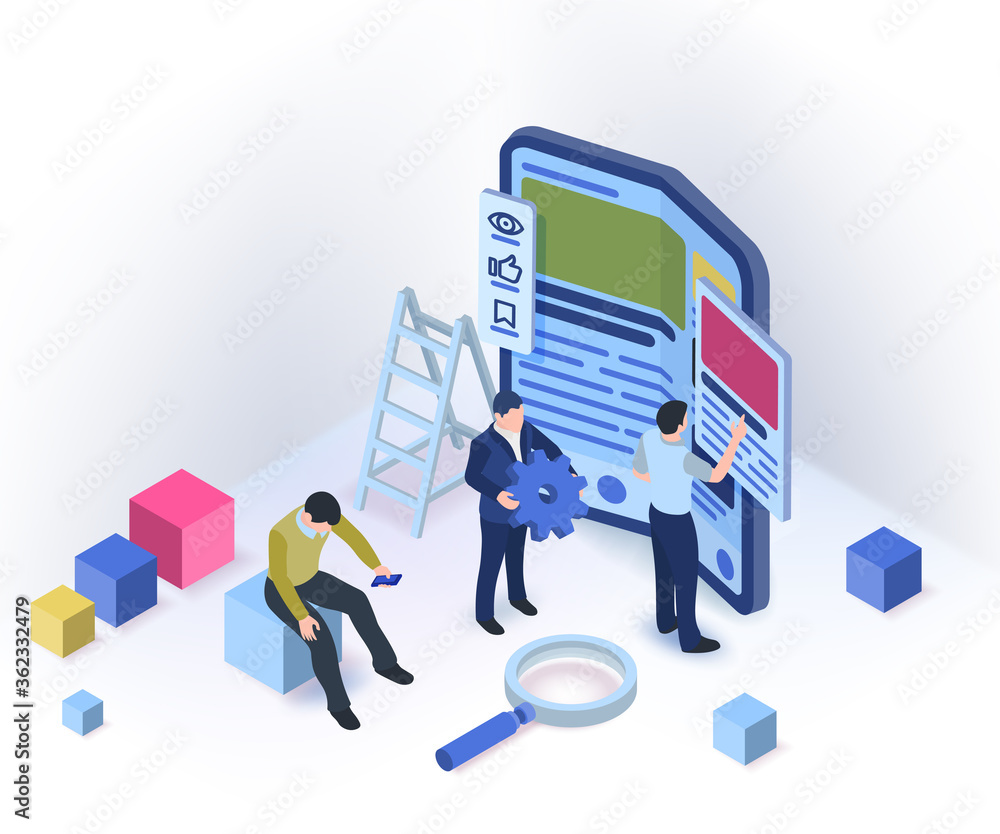 Poster modern foldable phone in isometric style. creating websites for a flexible screen phone. people are 