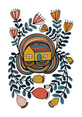 Small house surrounded by flowers. Hand drawn doodle illustration. Relaxing art therapy. Simple floral elements isolated on white background