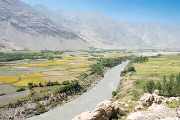 Afghanistan at Wakhan Valley View from Khaakha Fortress in Ishkashim, Gorno-Badakhshan, Tajikistan. It is located in the Tajikistan and Afghanistan border.
