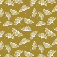 Ginkgo biloba leafs on green background seamless pattern plant medicine silhouette abstract wallpaper illustration design nature floral healthcare print monochrome outline