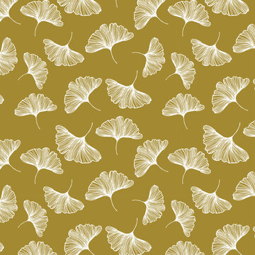 Ginkgo biloba leafs on green background seamless pattern plant medicine silhouette abstract wallpaper illustration design nature floral healthcare print monochrome outline
