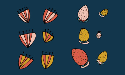 Collection of hand drawn flowers heads. Doodle illustration. Simple floral elements isolated on dark background
