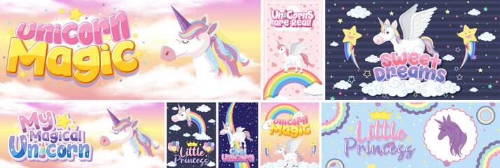 Obraz premium Cute unicorn banner on pastel background color