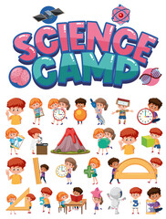 Science camp logo and set of children with education objects isolated