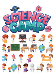 Obraz na płótnie Canvas Science camp logo and set of children with education objects isolated