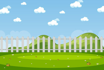 Horizon nature scene or landscape countryside with fence in the park and blank sky at daytime