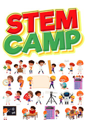 Fototapeta na wymiar Stem camp logo and set of children with education objects isolated