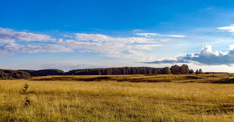 Field, trees on hills, road against blue sky with white clouds