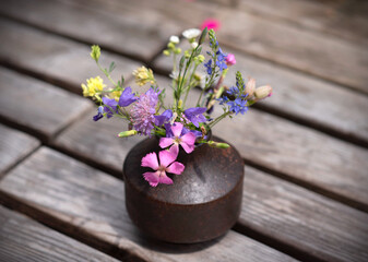 Mini bouquet of Alps mountains on glass surface, outside