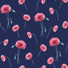 Seamless pattern of watercolor pink poppies on blue background Abstract design for spa, relax, holiday Arrangement perfectly for printing design on invitations, cards, wall art and other Hand painted.