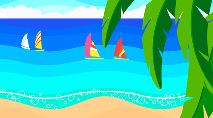 Fototapeta na wymiar Seascape: sandy beach, yachts in the ocean, palm leaves, summer sky.