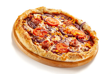 Pizza pepperoni with tomatoes, mushrooms and corn
