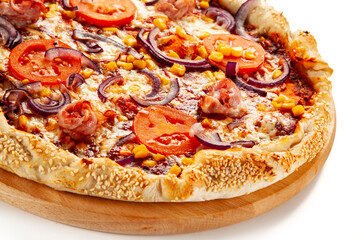 Pizza pepperoni with tomatoes, mushrooms and corn
