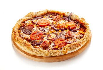 Pizza pepperoni with tomatoes, mushrooms and corn
