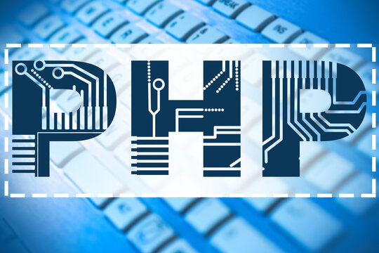 PHP programming language. Computer language. The concept of developing web applications. Large PHP letters imitate a printed circuit Board.