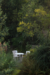 White table and two white chairs surrounded by dense greenery in the garden, an ideal place to relax; vertical wallpaper with copy space