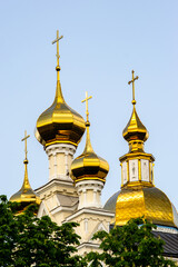 Fototapeta na wymiar Dome roofs of the churches of the Orthodox monastery against a clear blue sky.