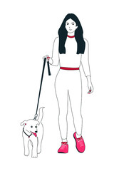 Young woman or girl take dog for walks outdoors. She wears medical mask. Vector illustration in a flat style.