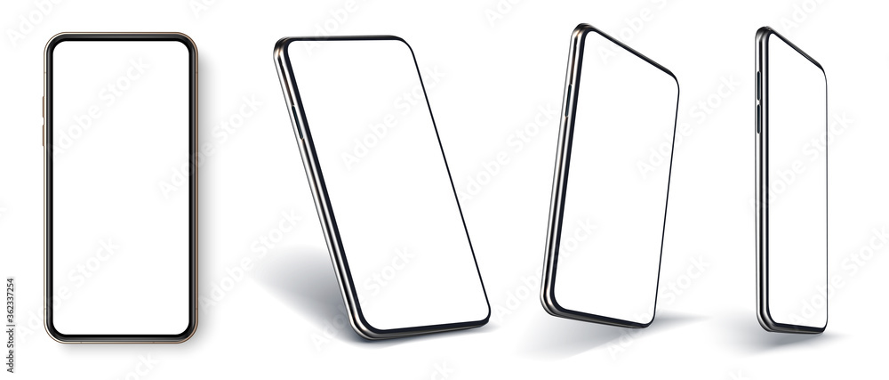 Poster smartphone frameless blank screen perspective view, rotated position. smartphone from different angl