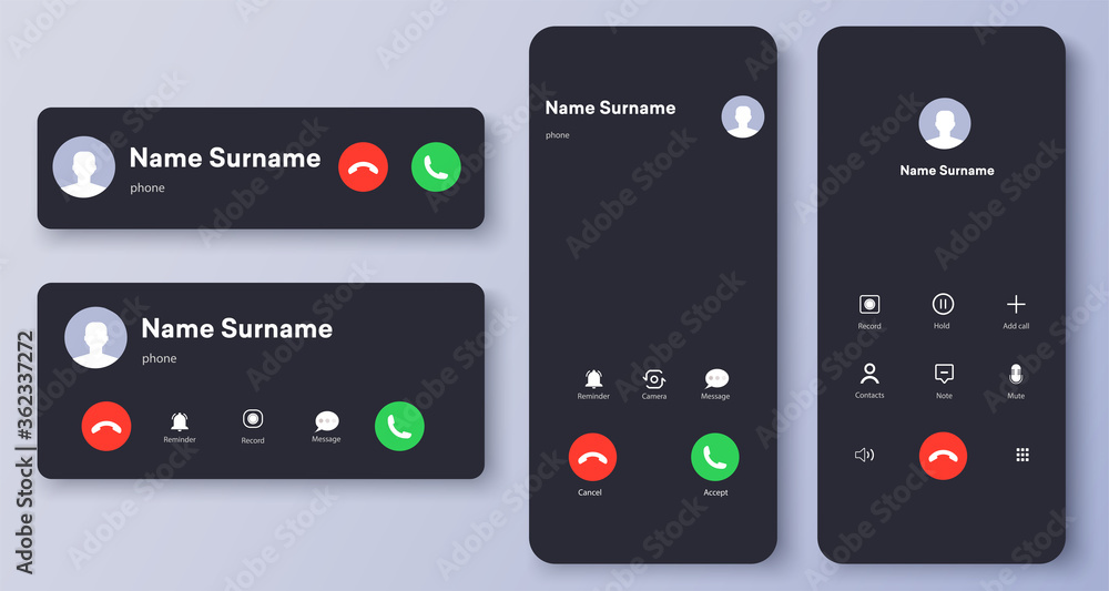 Poster mockup incoming call, voicemail screen, smartphone interface vector template. flat ui, ux for applic
