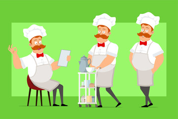 Cartoon flat fat chef cook man character in white uniform and baker hat. Boy showing ok sign and walking with coffee hotel table. Ready for animation. Isolated on green background. Vector icon set.