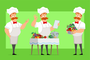 Cartoon flat fat chef cook man character in white uniform and baker hat. Boy reading note and cooking food from different vegetables. Ready for animation. Isolated on green background. Vector set.
