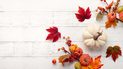 Festive autumn decor from pumpkins, berries and leaves on a white  wooden background. Concept of...