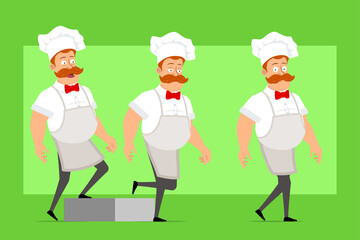 Cartoon flat funny fat chef cook man character in white uniform and baker hat. Successful tired boy walking forward to his goal. Ready for animation. Isolated on green background. Vector icon set.