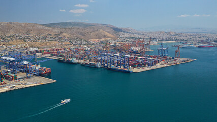 Fototapeta na wymiar Aerial drone photo of industrial cargo container logistics terminal of Perama near commercial port of Piraeus