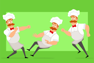 Cartoon flat funny fat chef cook man character in white uniform and baker hat. Boy running, fighting and falling down. Ready for animation. Isolated on green background. Vector icon set.
