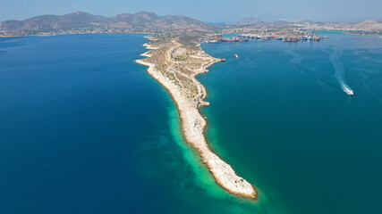 Aerial drone photo of iconic peninsula of Kinosoura or dog's tail in industrial part of island of...