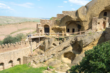 Rock caves in David Gareja monastery complex. a famous historic site in Kakheti, Georgia.