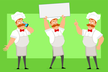 Cartoon flat funny fat chef cook man character in white uniform and baker hat. Boy holding blank sign, thinking and talking on phone. Ready for animation. Isolated on green background. Vector set.