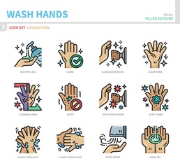wash hands icon set,filled outline style,vector and illustration