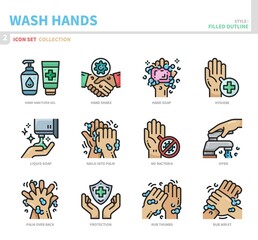 wash hands icon set,filled outline style,vector and illustration