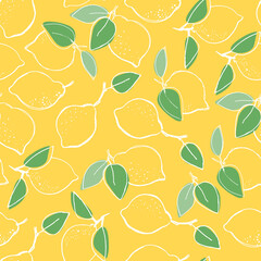 Seamless pattern with hand drawn lemons for surface design, posters, illustrations on yellow background. Healthy vegan food, tropical fruit theme