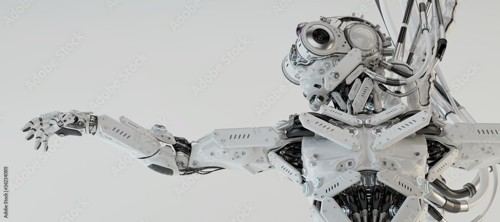 Poster white robotic structure with extended arm and intricate mechanical details in futuristic design, iso