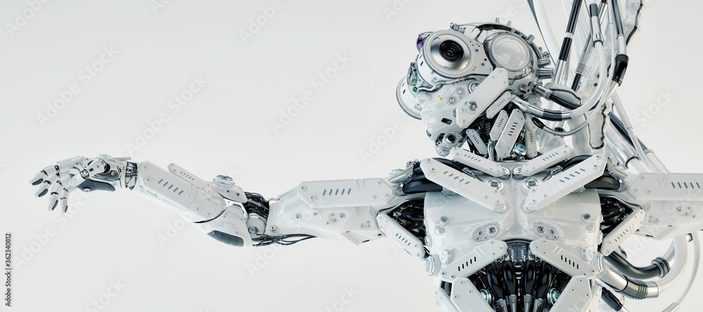 Poster white robotic structure with extended arm and intricate mechanical details in futuristic design, iso